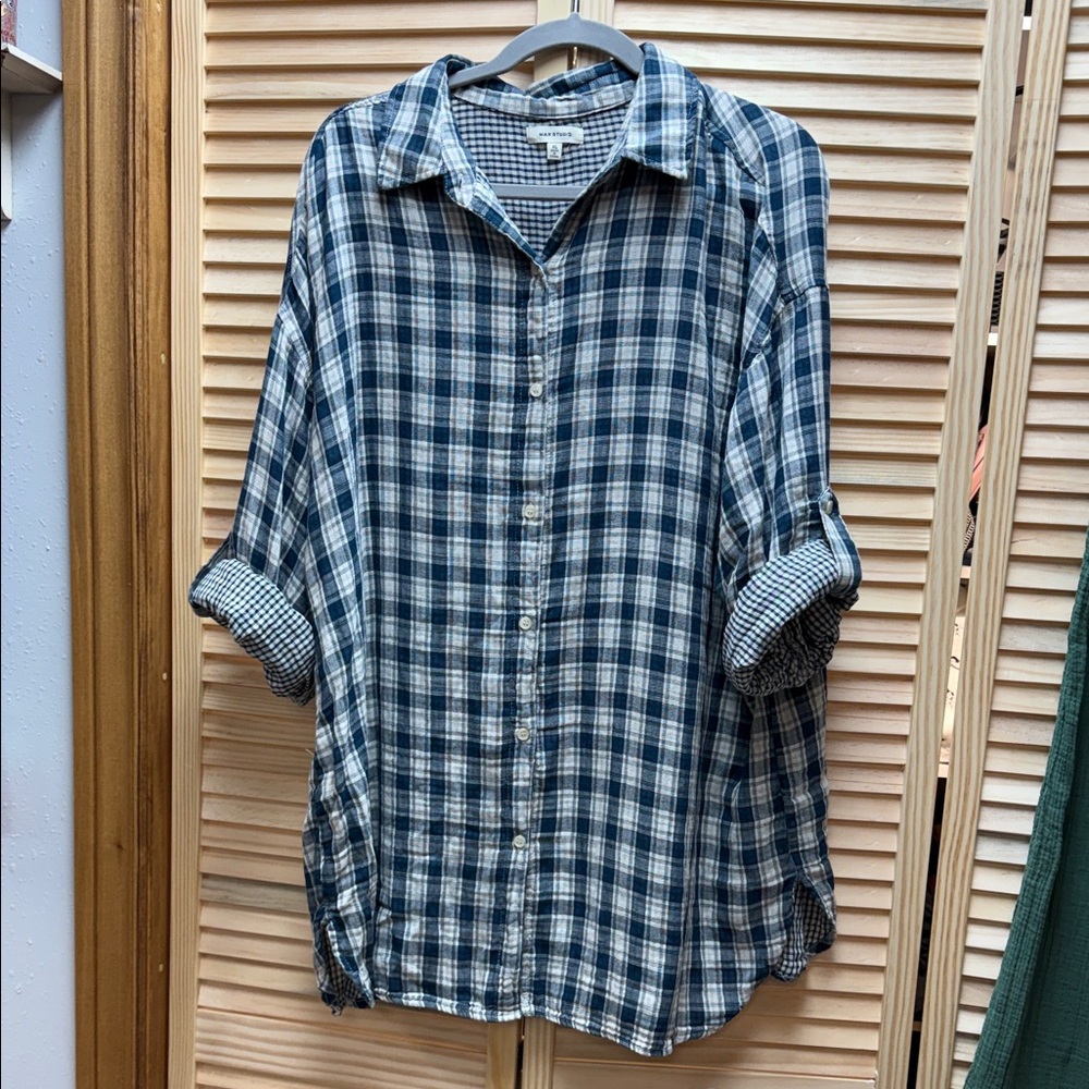 Max Studio Blue and White Checkered Button-Down Shirt